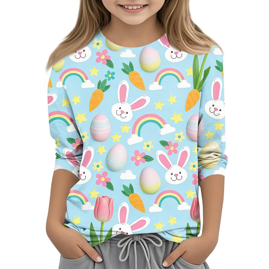 Children's Seven Quarter Sleeve Easter Print Round Neck Print Casual Top