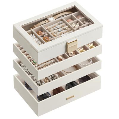 SONGMICS Jewelry Large Capacity Accessory 4 Tier Stackable Bracelet Storage Jewelry Box with Glass Day White JBC164W01 Box, Case, Trays, Necklace,