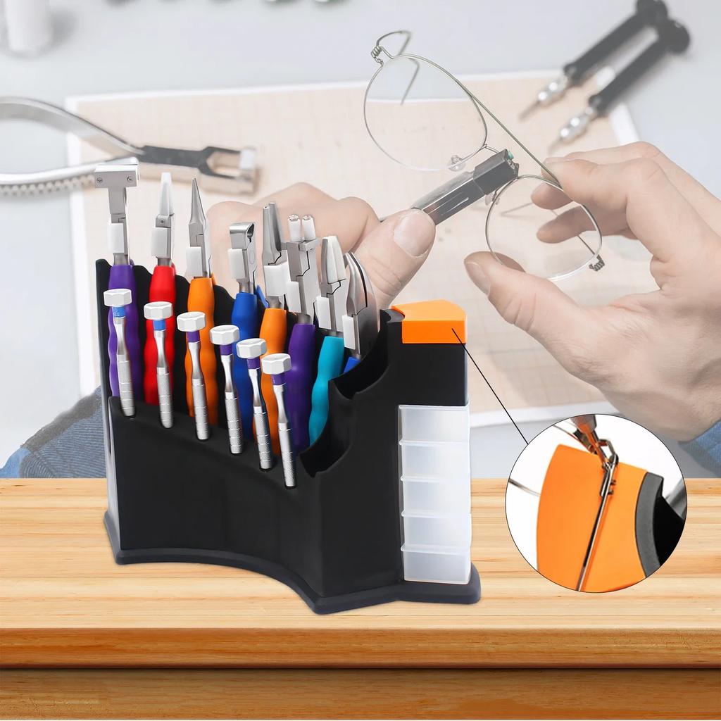 14pcs Optical Eyeglass Repair Tool Kit, Stainless Steel Glasses Repair Set W/ Stand, 8 Pliers& 6 Screwdrivers
