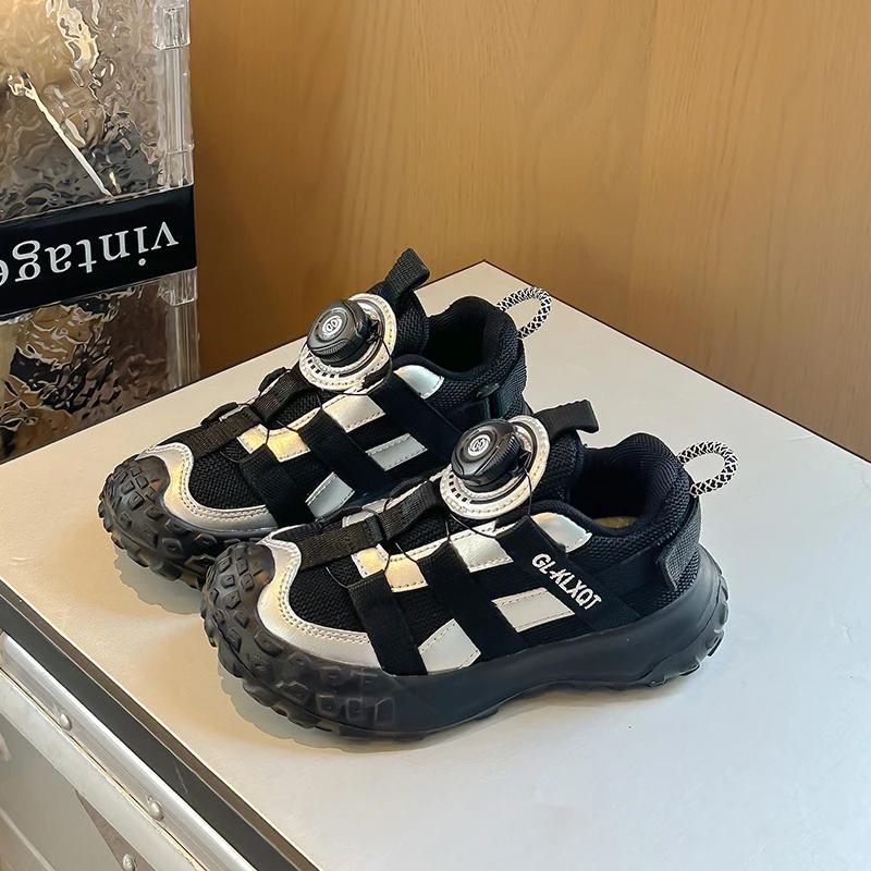 Students Running Shoes Thick Soft Sole Kids Sports Shoes with Rotating Buttons 2024 New Boys Girls Sneakers Non-slip Toes Capped