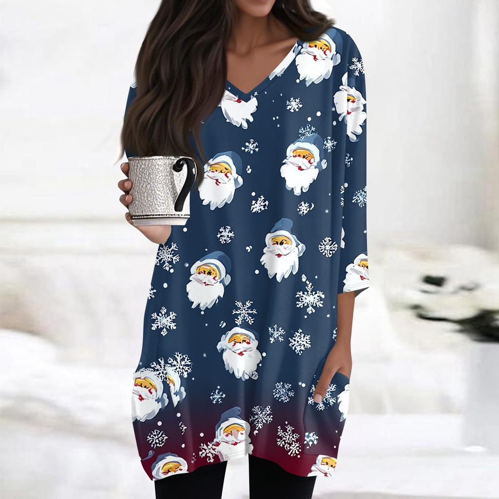 Womens Tops V-neck 3/4 Sleeve Blouses Casual Mid-length Shirts Fashion Christmas Print Tunic Tops With Pockets