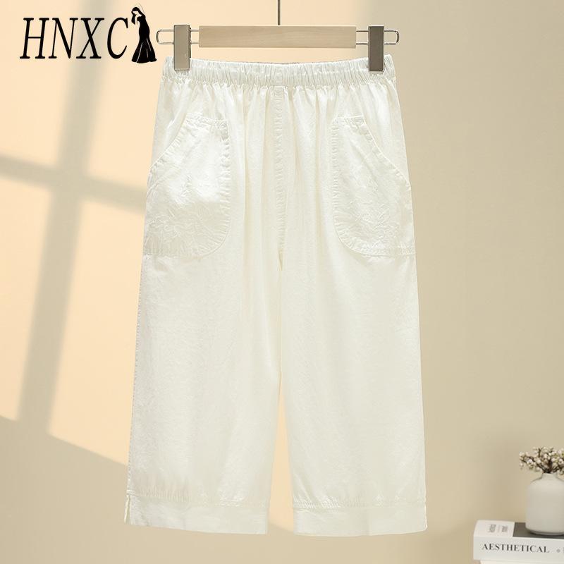 HNXC Summer Women Elastic Waist Straight Trousers Middle Age Older Women High Waist Straight Pants Washed Cotton Cropped Plus Size Pants