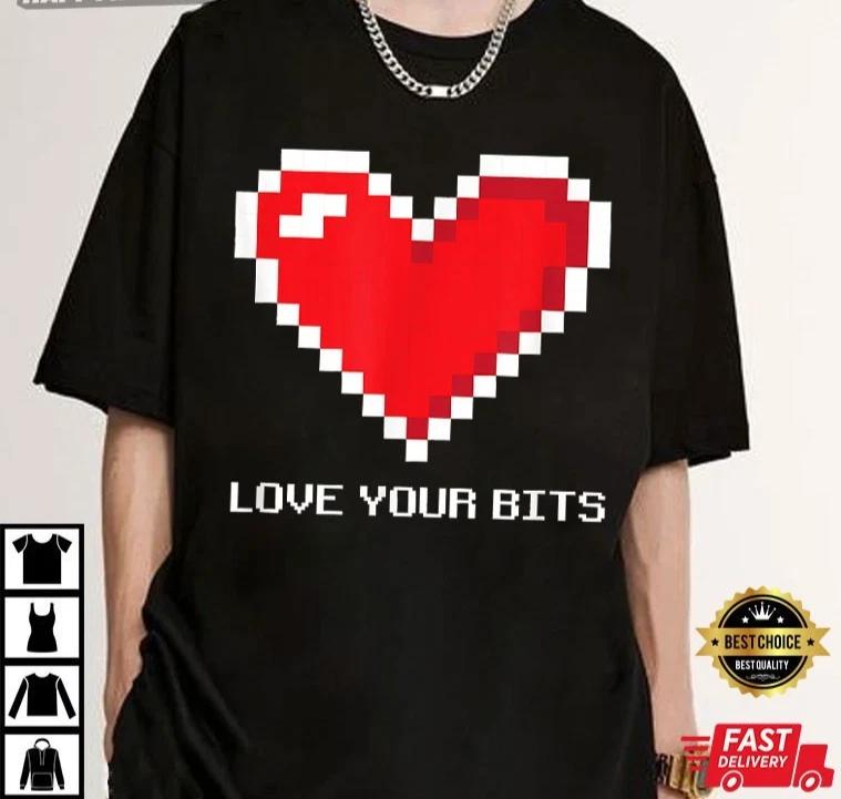 Pixel Heart Love Your Bits Gamer Gift T-Shirt L