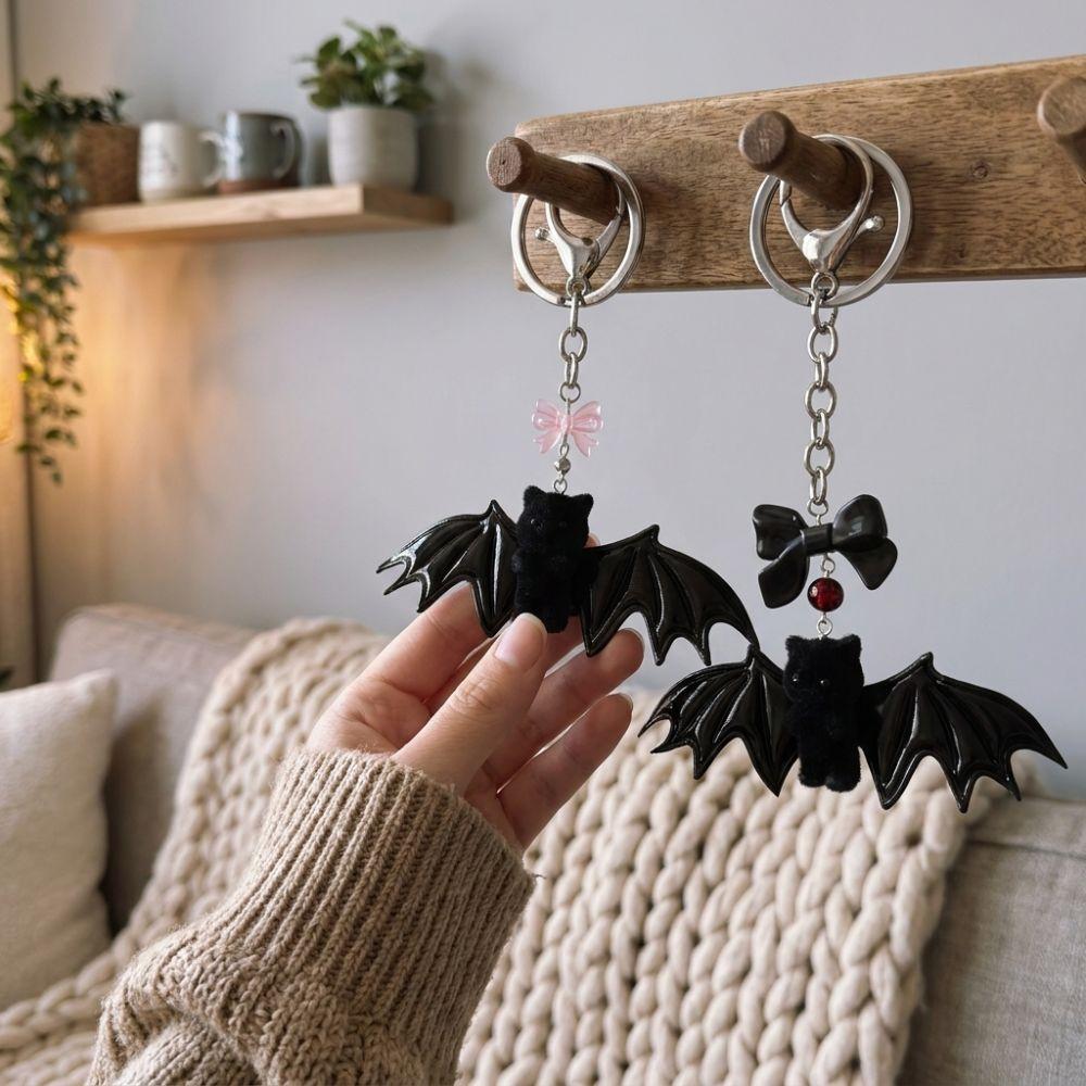 Dark Fluffy Bear with Wing Keychain Soft Touch Plush Bat Bear Keyring Halloween Party Gift