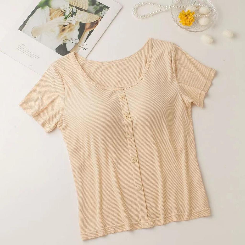 Modal Women's Short Sleeve Padded Top with Pajama-Style Back - Ribbed Base Layer for Inner or Outer Wear