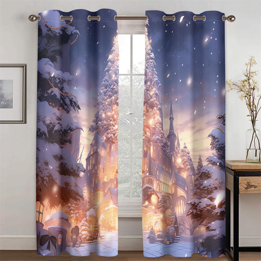 Cartoon Forest Christmas Cottage Curtains Fine Christmas Tree Fit Children's Room Living Room Bedroom Kitchen 2 Pcs
