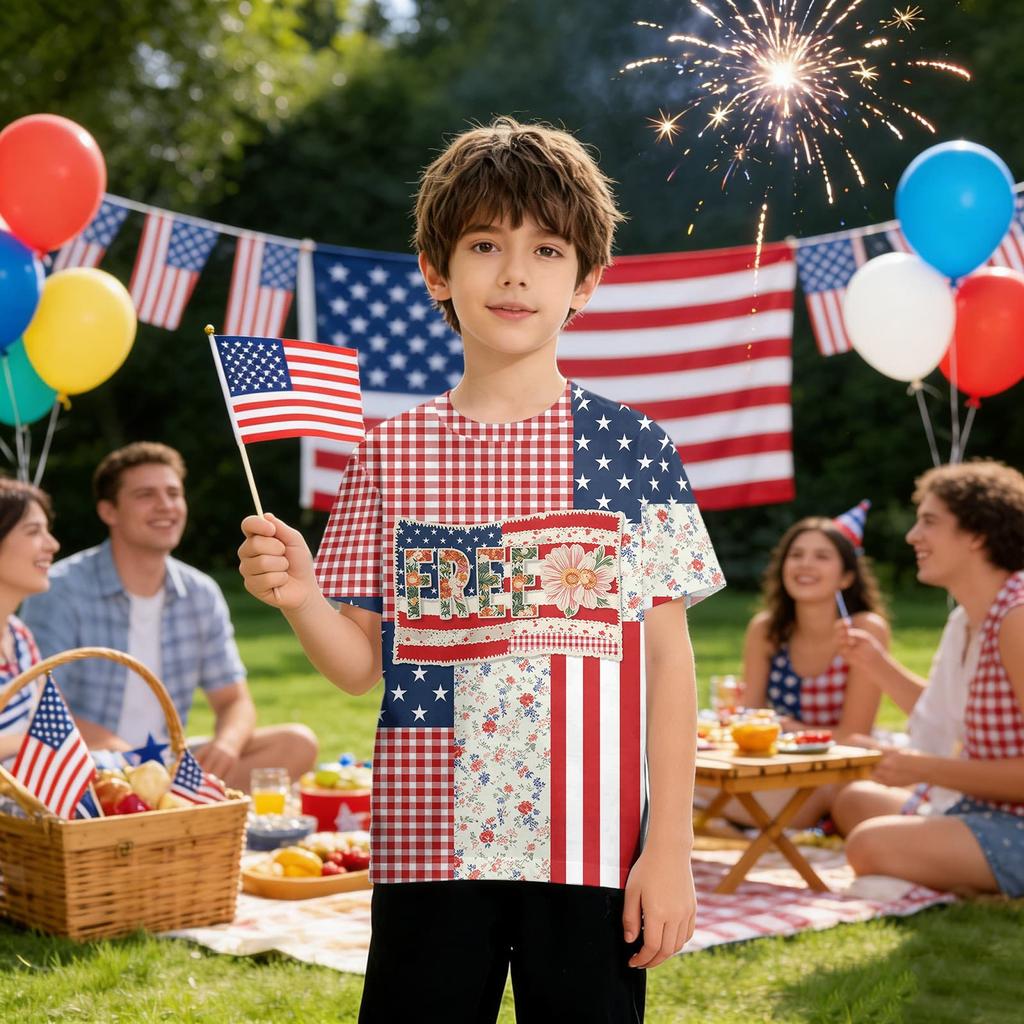 Kids Independence Day Print Round Neck Short Sleeve Casual T-shirt