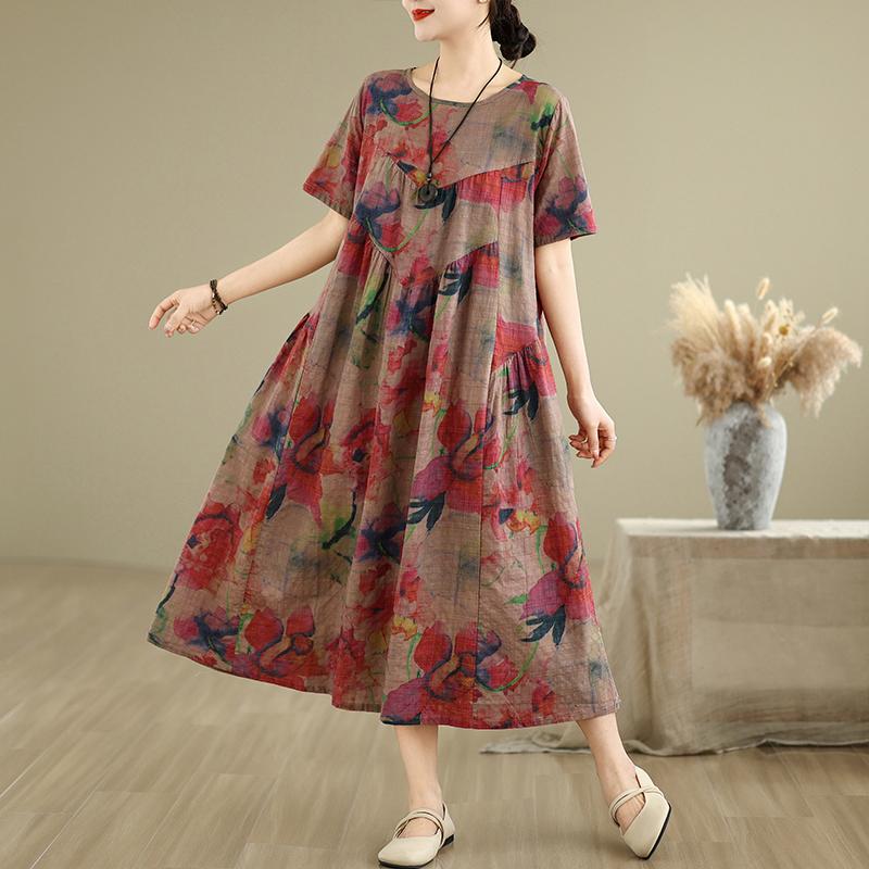 DIMANAF 2025 Women Plus Size Spring Summer Dress Casual Floral Dress Basic Vintage Loose Long Dress Maxi 9322