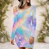 Women Plus Size One Shoulder Long Sleeve Gem Printed Purple Black Gray Bodycon Mini Dress