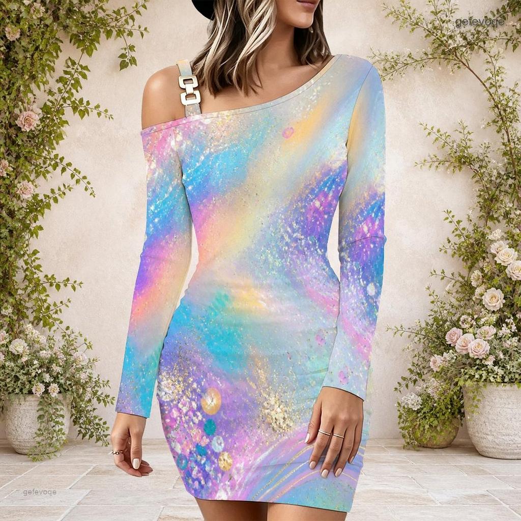 Women Plus Size One Shoulder Long Sleeve Gem Printed Purple Black Gray Bodycon Mini Dress