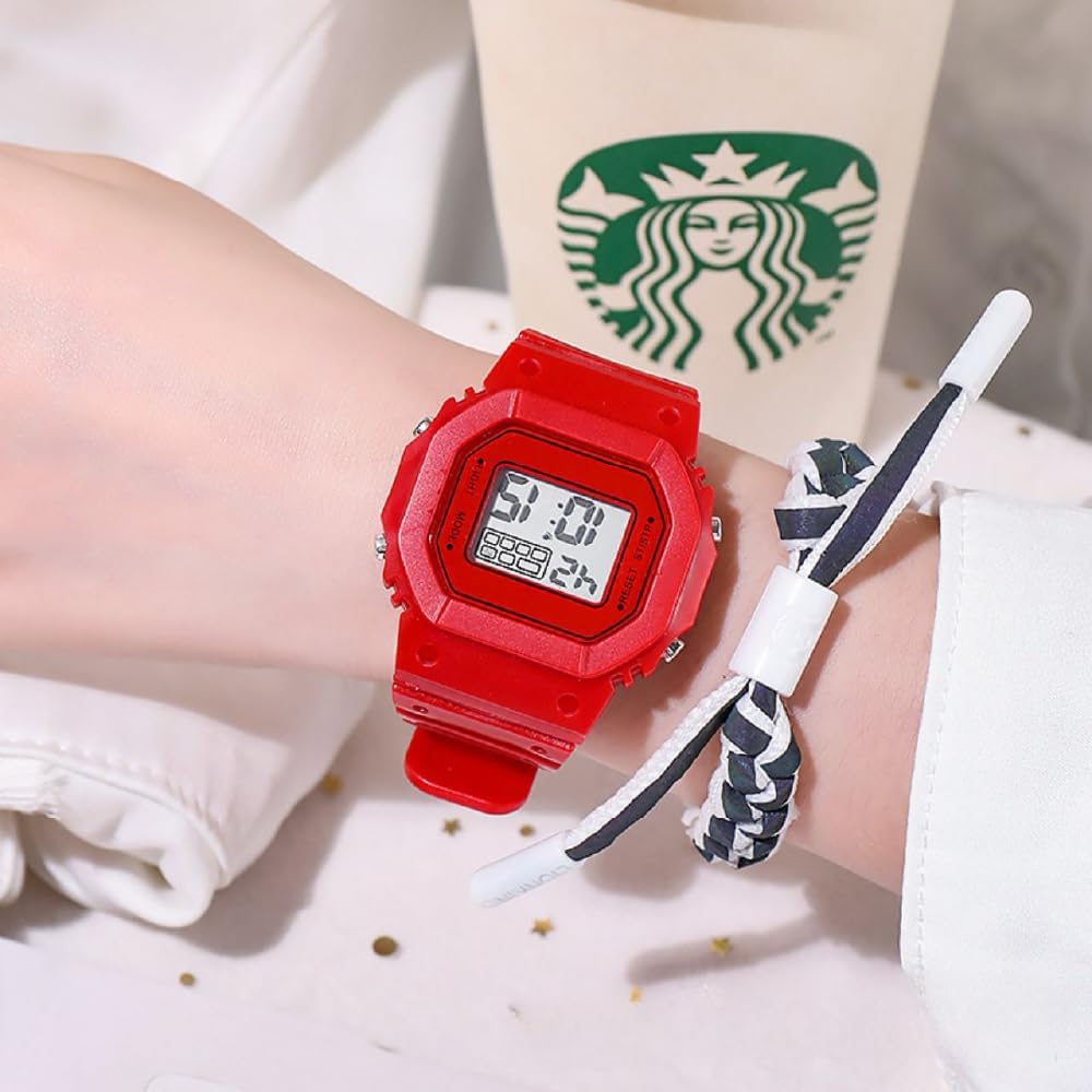 Digital Sports Watch for Women, Men, Kids, Waterproof, Alarm, Square Design, Green