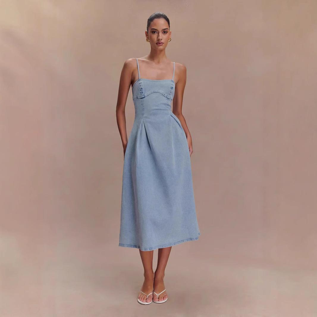 

IHUASU Сексуальное женское летнее однотонное джинсовое платье без бретелек без рукавов с бретелькой через шею XL светло-синий