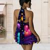 Women Plus Size Halter Neck Sleeveless Open Back Printed Faux Two Piece Layered Mini Dress