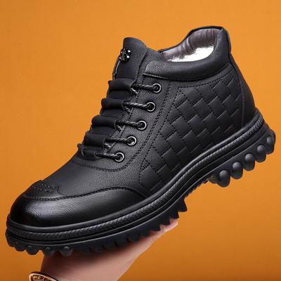 Botas masculinas de inverno grossas e quentes de couro com forro de lã, sapatos casuais de couro de negócios com sola de borracha antiderrapante para atividades ao ar livre, sapatos de neve impermeáveis