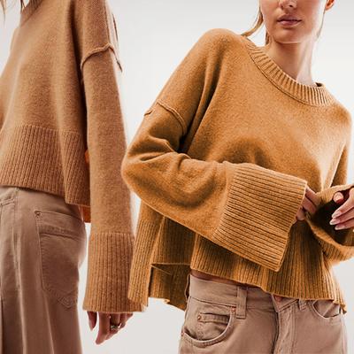 Gestrickter Pullover Damen Lässig Einfarbig O-Ausschnitt Ausgestellter Langarm Überzieh-Pullover Jumper Hoch