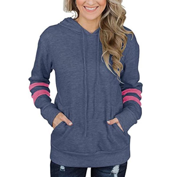 New Womens Autumn Winter Hoodie Loose Sweater Contrast Stripes Kangaroo Pocket