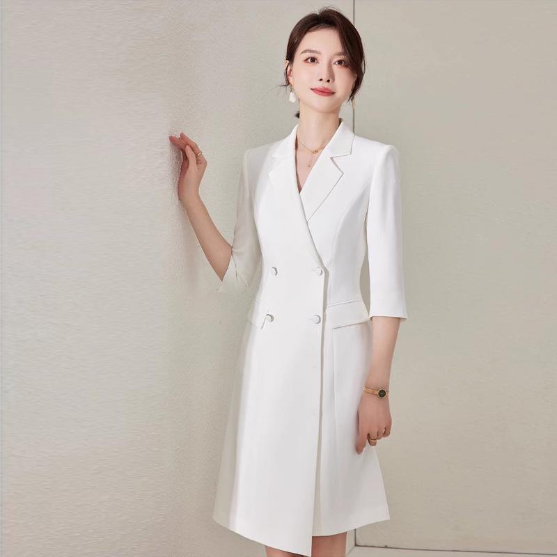Spring/Summer White Double-Breasted Midi Dress with Suit Collar and Formal Workwear Elegance