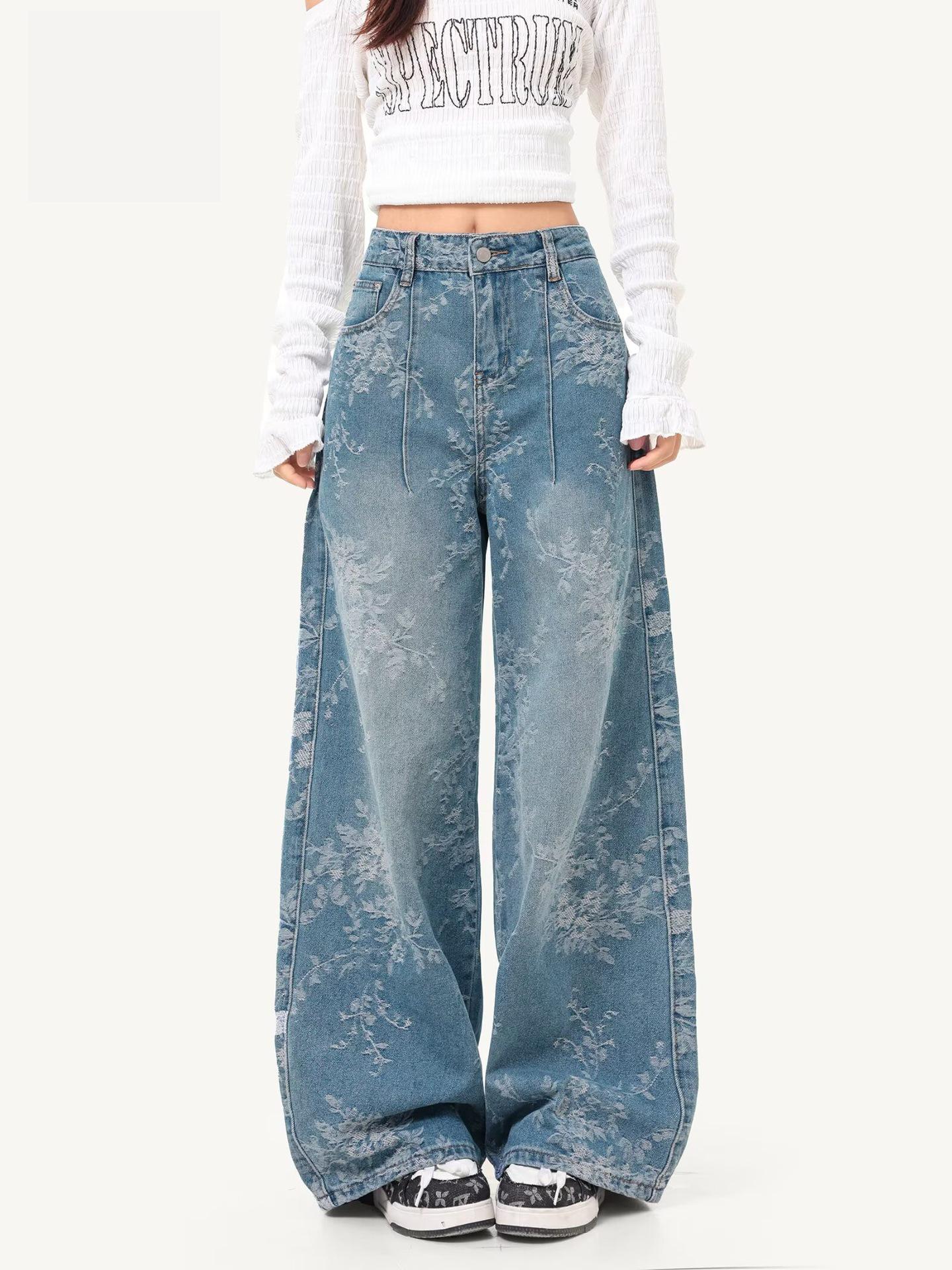 High-Waisted Embroidered Jacquard Wide-Leg Denim Pants for Women XL