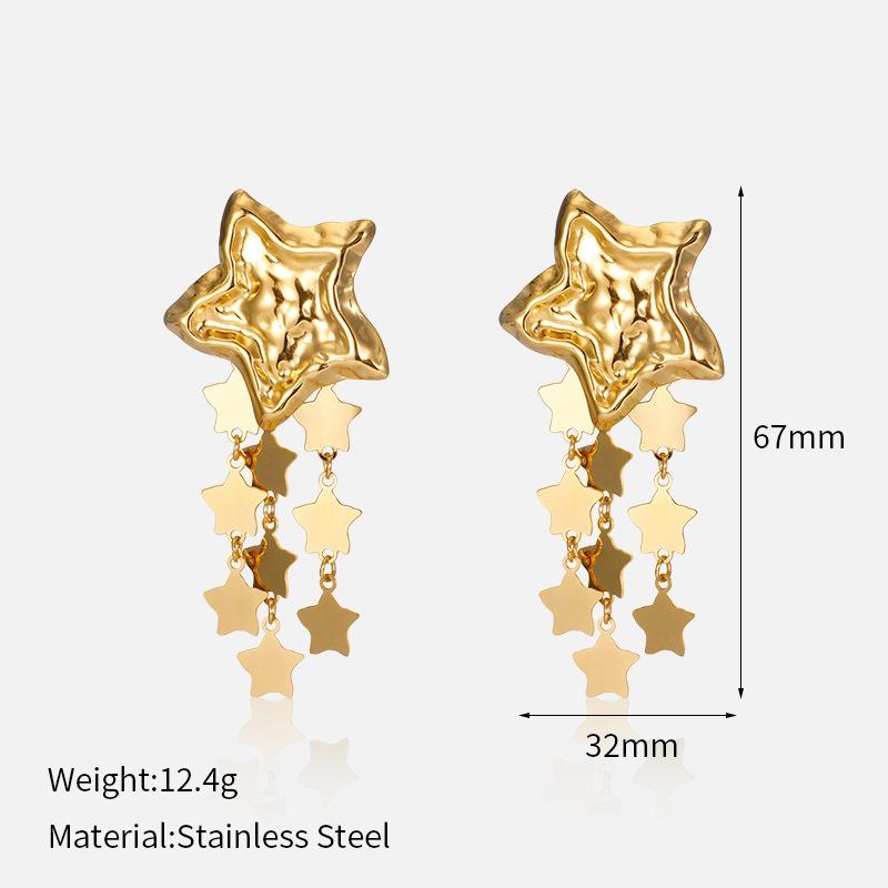 New Dainty Geometric Hammer Texture Star Stud Earrings Fashion Stainless Steel Star Tassel Earrings  Woman Daily Wear