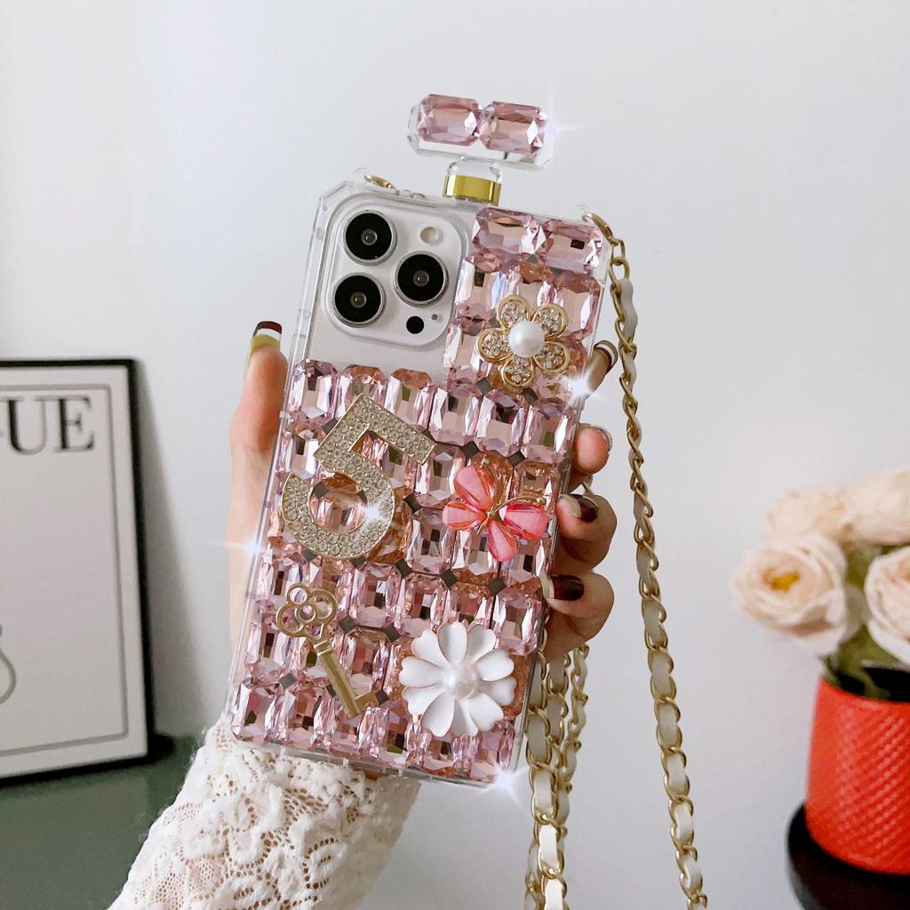 Crossbody Rhinestone Parfémy Tvar Pouzdro pro Samsung S23 S22 S21 S20 Ultra S10 Plus Pearl Flowers Kryt pro iphone 15 14 13 12 11 X XR XS Max
