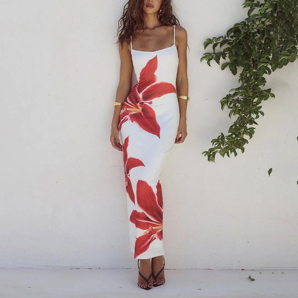 Spring Summer Fashion Women's White Background Red Flower Dress for European American Crossborder
