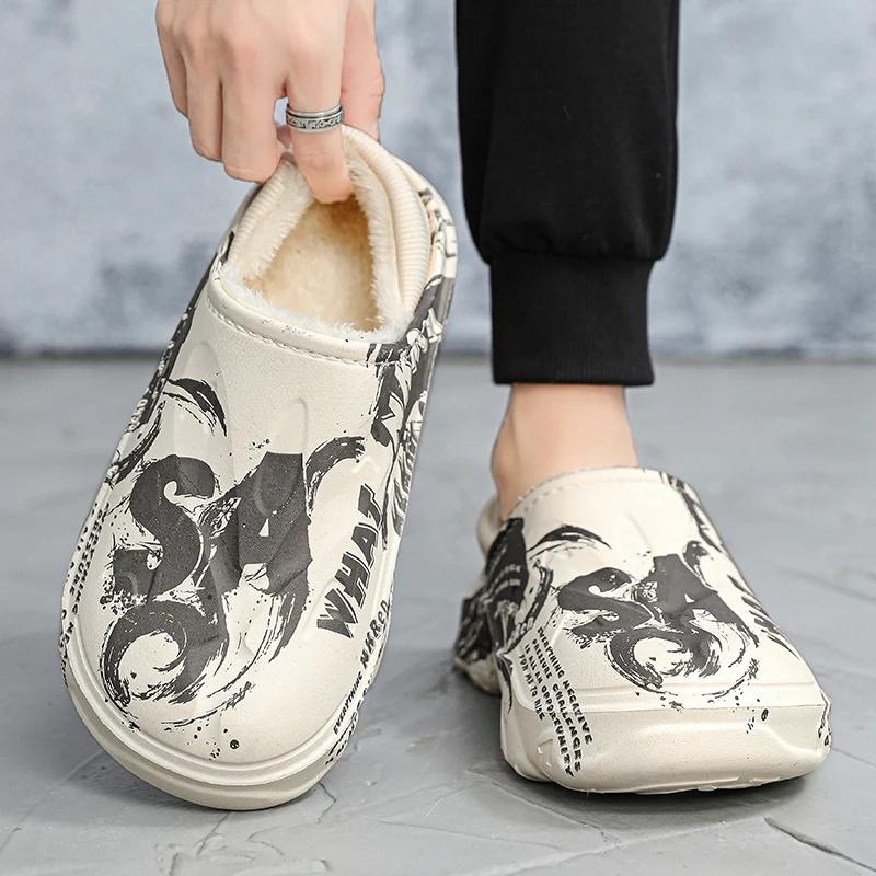 Fashion Winter Fur Slippers for Men Warm Indoor Cotton Shoes Waterproof Outdoor Garden Shoes Slip On Clogs Half Slides Sandals