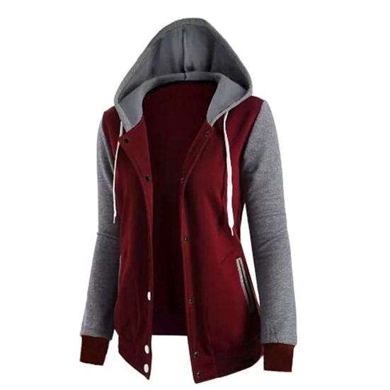 Lässige Damen Winter Colorblock Langarmjacke Knopf Kapuze Kordelzug Mantel