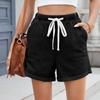 Women's Fashion Solid Color Pocket Curled Edge Elastic Waist Strap Casual Denim Shorts