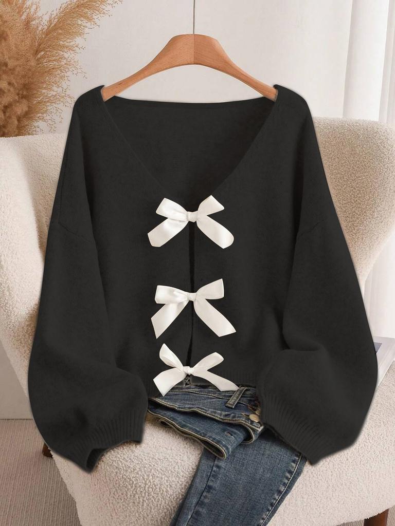 Design bow knitted cardigan autumn and winter new loose versatile lazy style knitted sweater