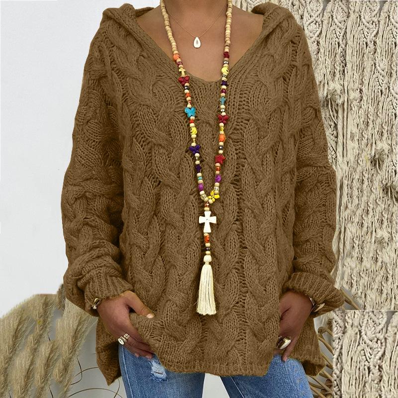 2026 Autumn Winter Pure Color Cable Knit Hoodie - European/American Bestseller