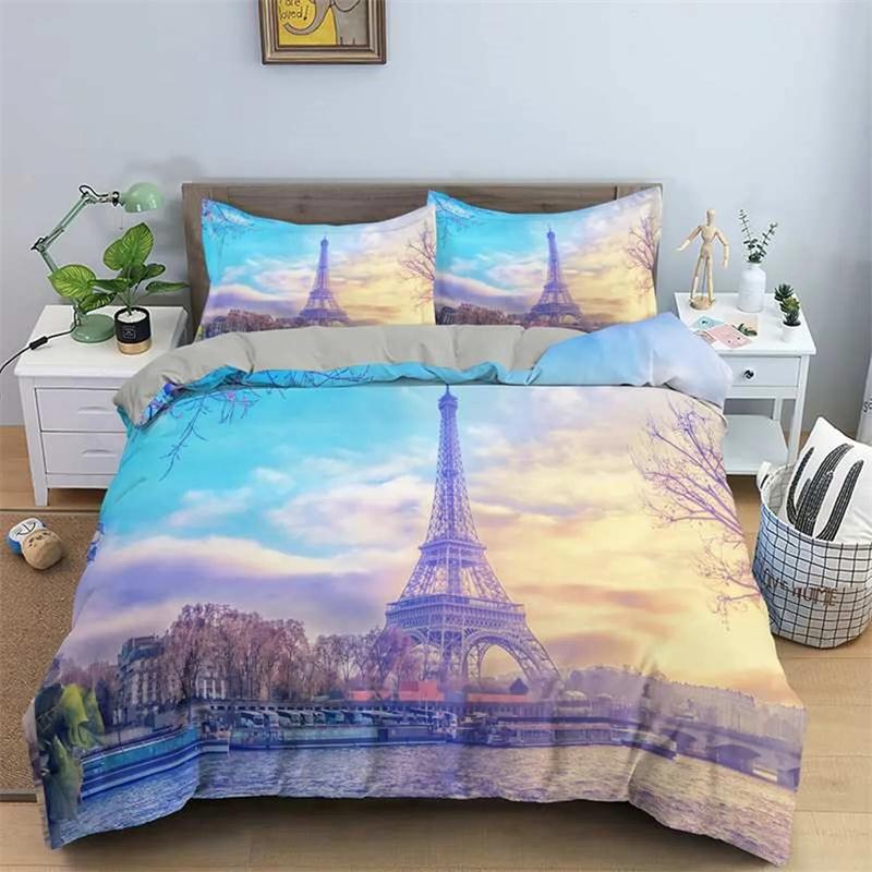 Paris Tower Duvet Cover Famous Buildings In France for Women Men Adults Pink Romantic Bedroom Decoration Polyester Quilt Cover