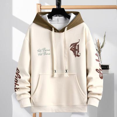 Winter Men Hoodie with Hood Drawstring Letter Printing Color-blocked Hip Hop Style Oversized Thickened Warmth Rentention Outerwear