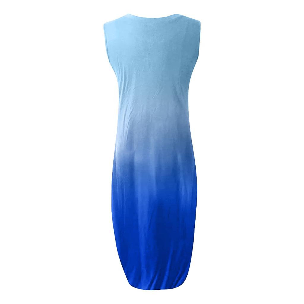 Women Casual Loose Gradient Color Pocket Long Dress Sleeveless Split Dresses