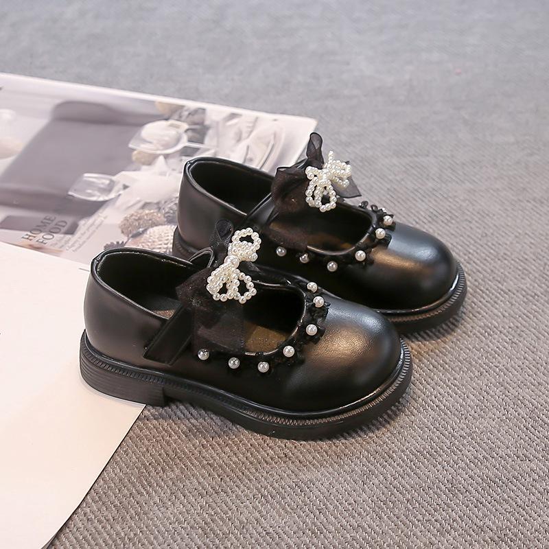 Girls leather shoes pearl bow princess shoes 2025 spring and autumn new children's single shoes student black performance shoes tide