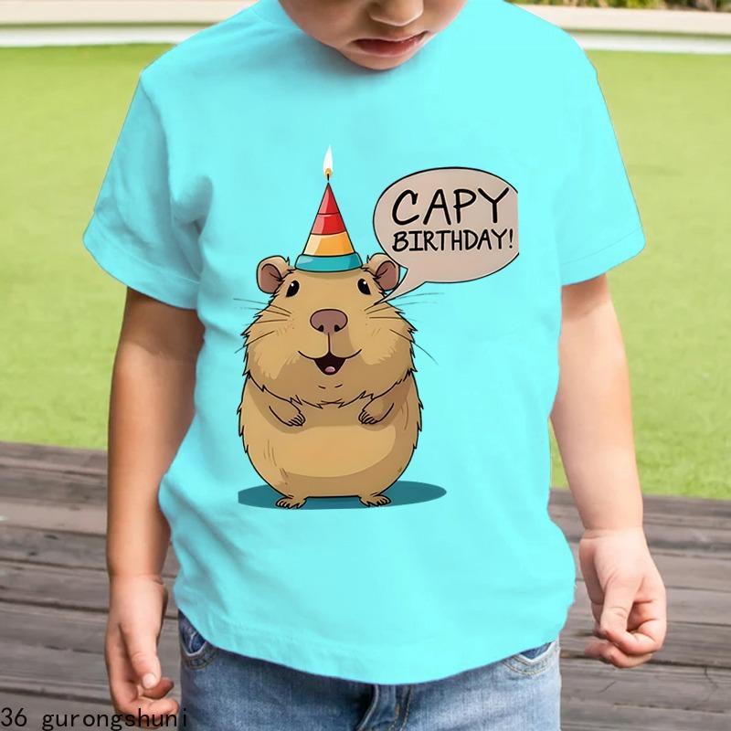 2025 Children's Capybara T-Shirt Kids Short Sleeve Shirt Capy Birthday Print Round Neck Tops Boys Girls Birthday Gift T Shirt
