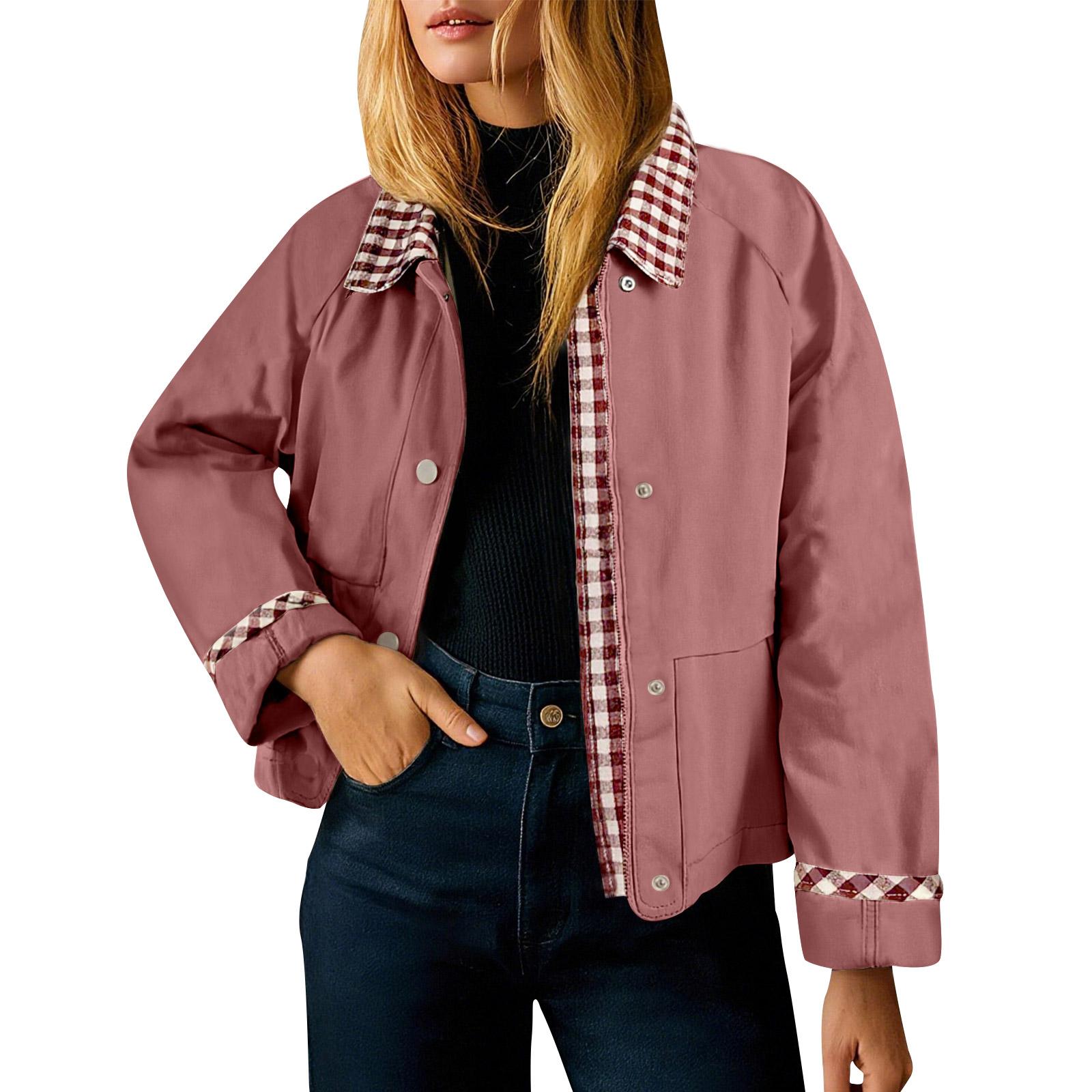 

Женская мода Однотонный Плед Воротник Длинный рукав Пуговицы Молния Карманы Куртка Пальто L