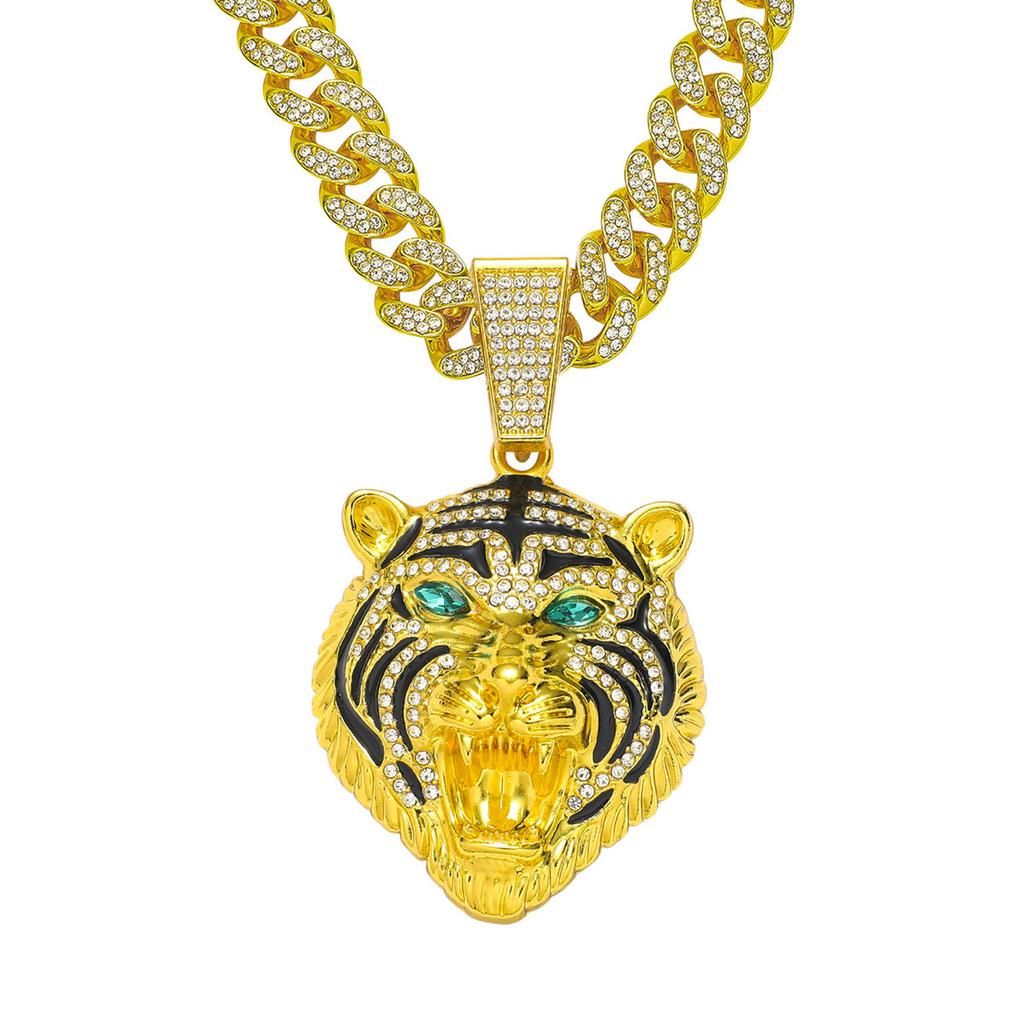 Full Diamond Green Eye Lion Head Cuban Chain Pendant, European and American Hip Hop HIPHOP Necklace Jewelry Environmentally Friendly