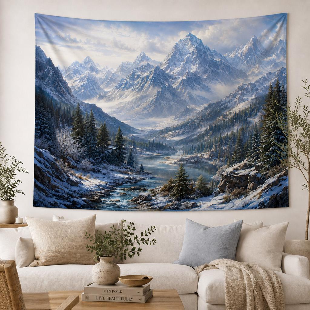 Aesthetic Snow Mountain Wall Tapestry Winter Lake Wall Hanging Nature Landscape Backdrop Pine Tree Room Decor Fabric Tapestries