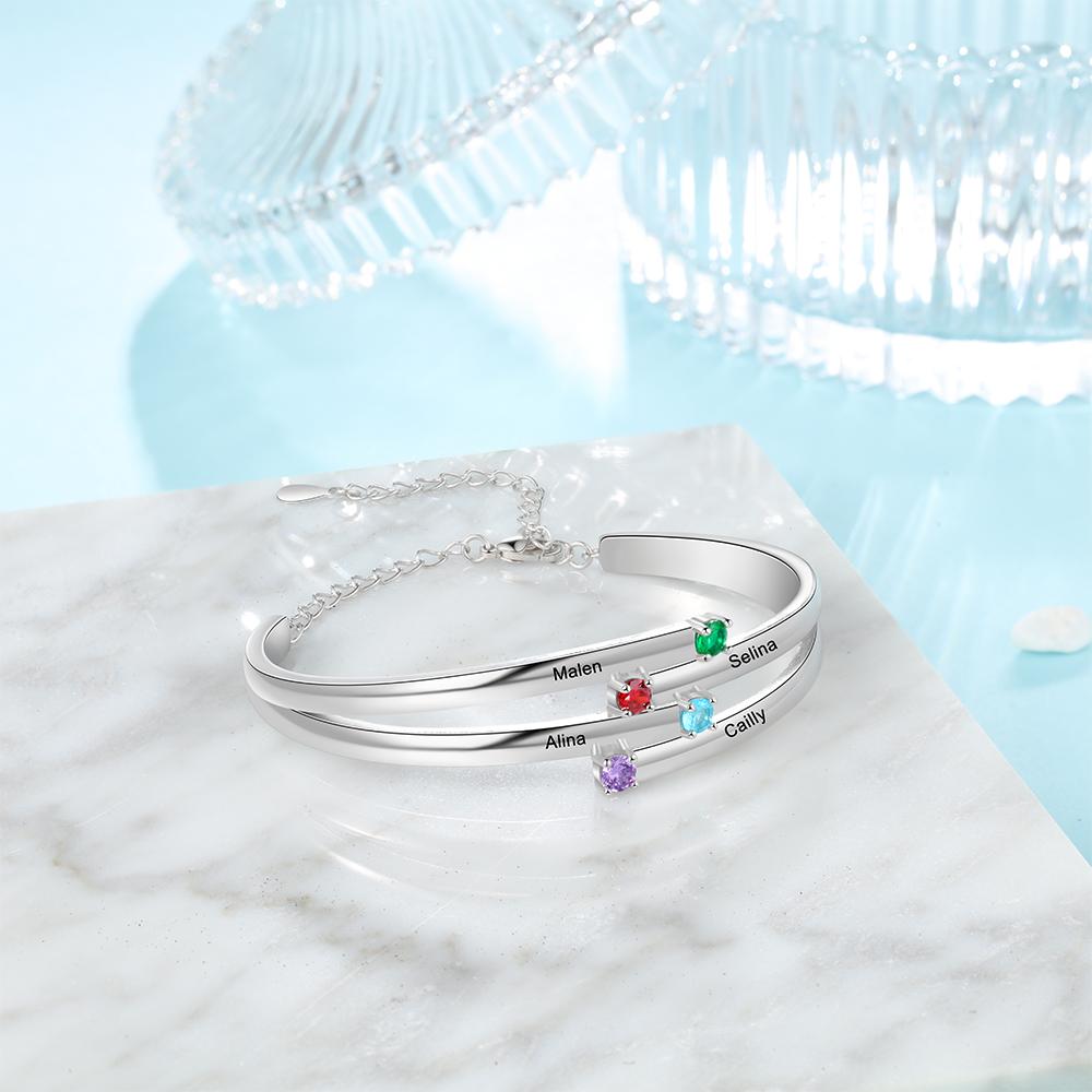 JewelOra Designer Personalized 4 Birthstones Family Bracelets for Women Custom Name Engraved Bracelet Mothers Day