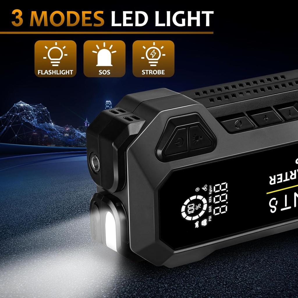 4000A Jump Starter with Air Compressor, 12V Portable Car Battery Charger, LED Light & Quick-Charge for Gas Engines up to 10L