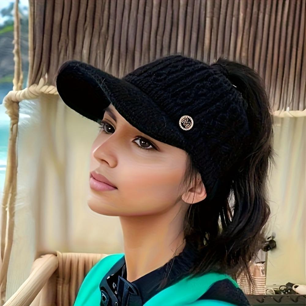 with Ear Flaps Winter Women's Hat Knitted Open-Top Ponytail Hat M Letter Baseball Cap  Teenage