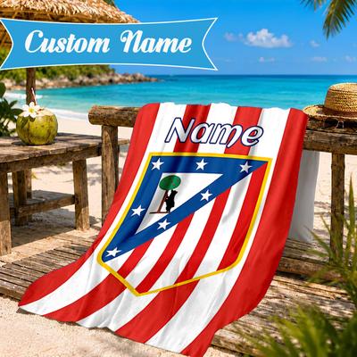 Custom Name Beach Towel Atletico Madrid Crest Microfiber Beach Towel, Lightweight for Summer Travel, Swimming Pool Fan Birthday Gift