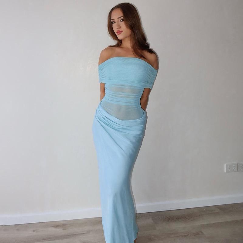 Ruched Irregular Dress Women Mesh Patchwork Slash Neck Short Sleeve Skinny Stretch Trend Elegant Long Bodycon Outfits