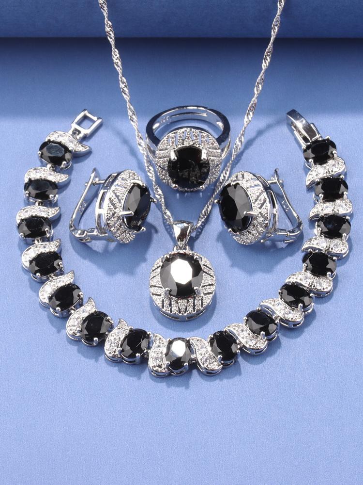 Originale Hochzeitsdekoration Schmucksets Blauer Saphir Ohrringe Halskette Damen Italienisches Armband Charms Ring resizable