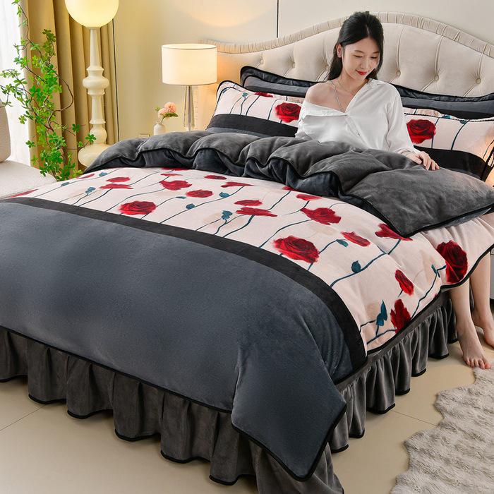 Cozy Flannel 230g Milk Velvet Printed Bed Set with Skirt - New Autumn/Winter Collection, Hot Seller