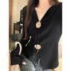 Black V-neck Button Design Long-sleeved T-shirt for Women In Early Autumn, Slim and Sexy Bell-sleeved Ins Temperament Top