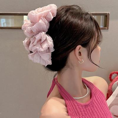 Pink Beige Women Large Flower Hair Claw Clips For Women Elegant Back of The Hair Shark Clip ClampsTemperament Hair Accessories