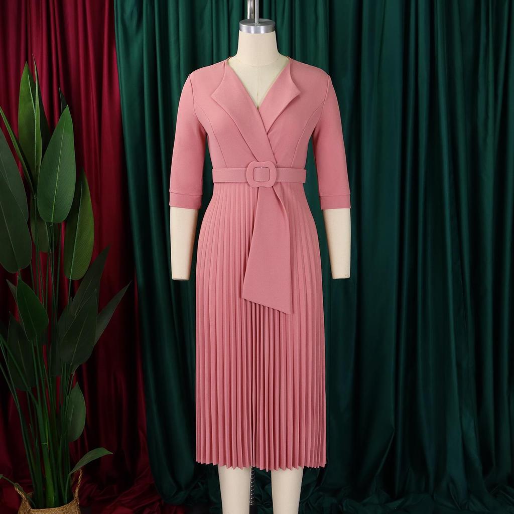 L51 Women's Suit Collar Tie-Waist Pleated African Dress