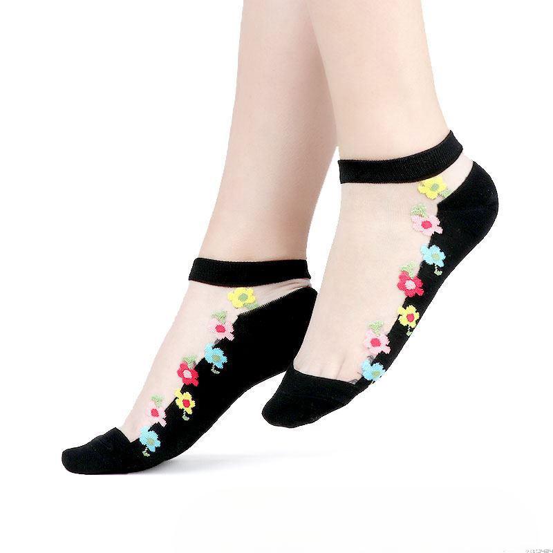 5 Pairs of Women's Summer Embroidered Non Slip Cotton Bottom Glass Silk Socks