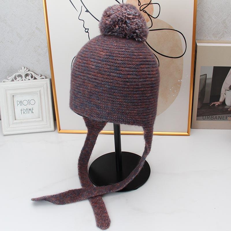 Cute hairball lace-up ear hat retro knitted wool hat autumn and winter outdoor cold-proof face little Lei Feng hat